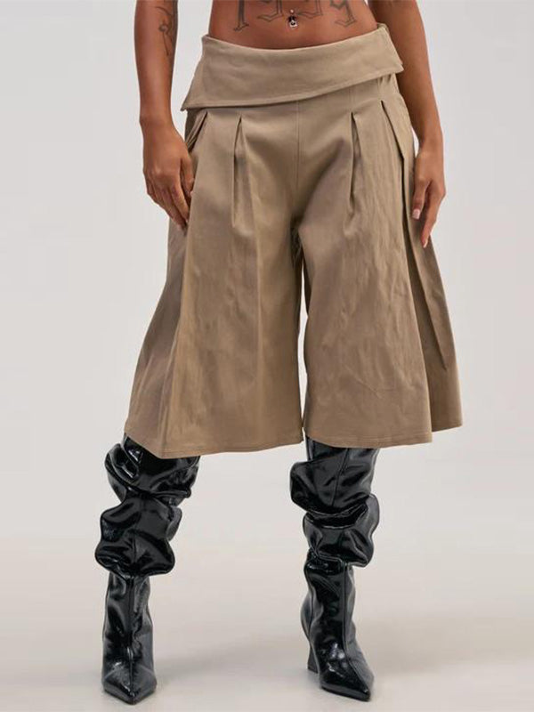 Foldover-Waist Wide-Leg Capri Pants