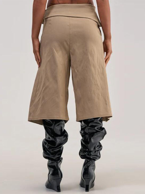 Foldover-Waist Wide-Leg Capri Pants