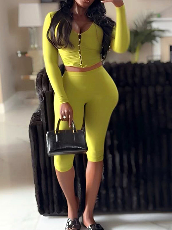 V-Neck Button Top & Capri Pants Set