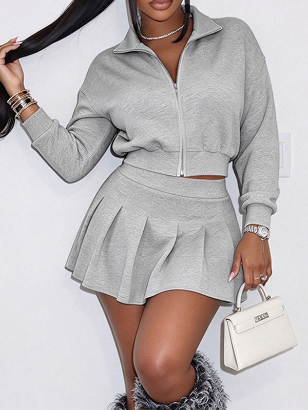 Zip Up Jacket & Pleated Mini Skirt Set