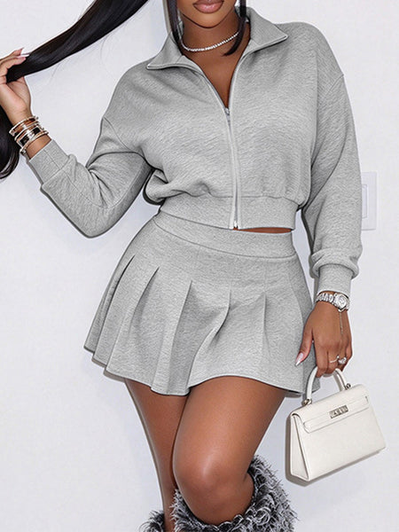 Zip Up Jacket & Pleated Mini Skirt Set