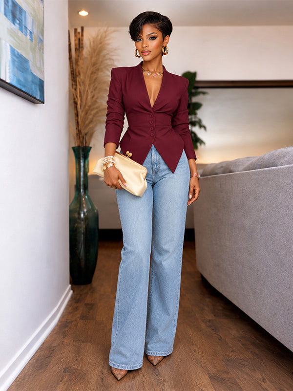 V-Neck Tailored Button Front Blazer
