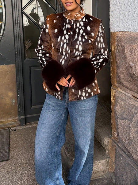 Spotted Faux-Fur Stand Collar Jacket