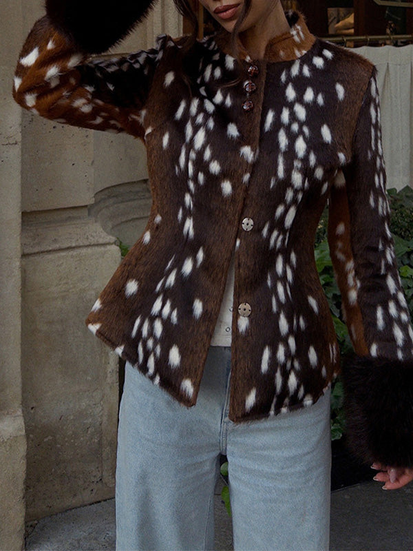 Spotted Faux-Fur Stand Collar Jacket