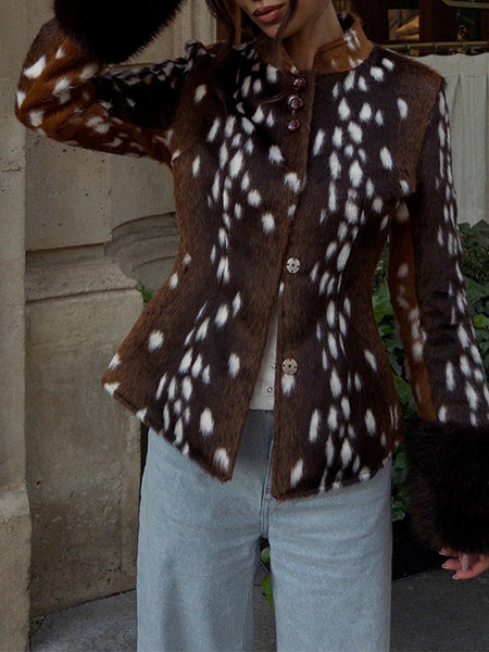 Spotted Faux-Fur Stand Collar Jacket
