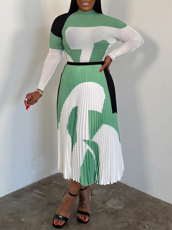 Print Long Sleeve Top & Pleated Midi Skirt Set