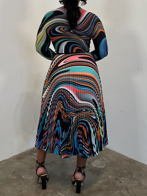 Print Long Sleeve Top & Pleated Midi Skirt Set