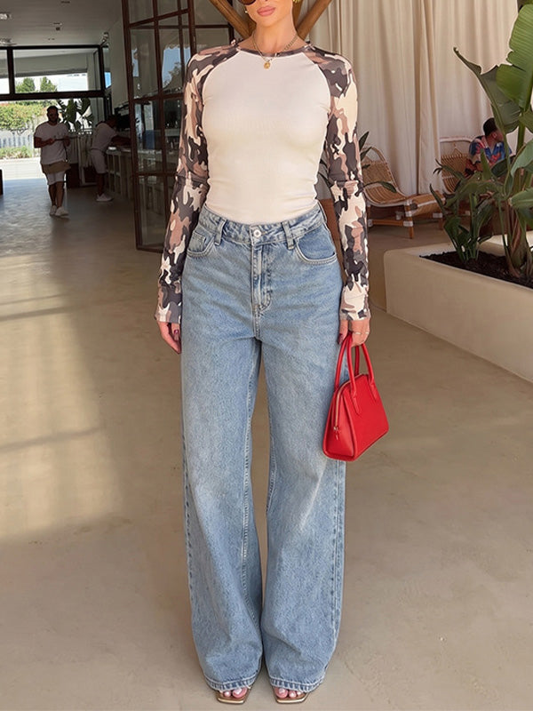 Crew-Neck Print Sleeve Top