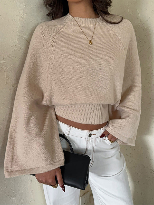 Round-Neck Bell-Sleeve Knit Sweater