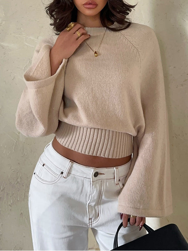 Round-Neck Bell-Sleeve Knit Sweater