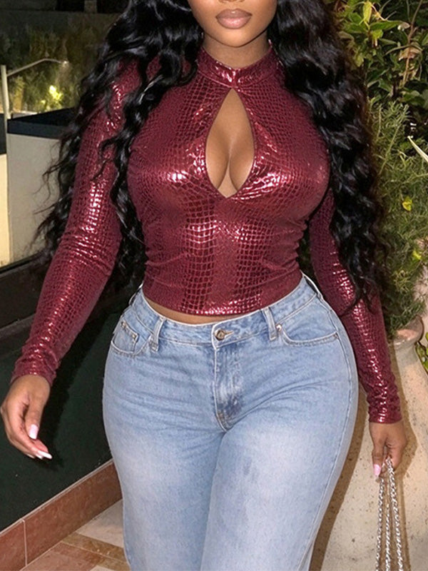 Crocodile Faux-Leather Cutout Top