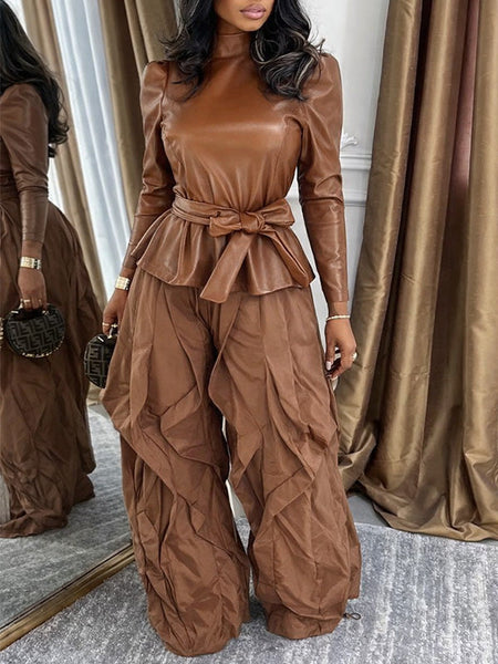 Faux-Leather Turtleneck Belted Top - Queenfy