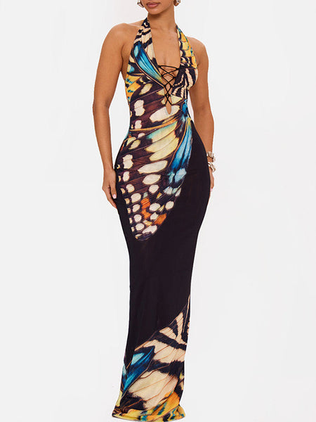 Printed Lace-Up Halter Dress