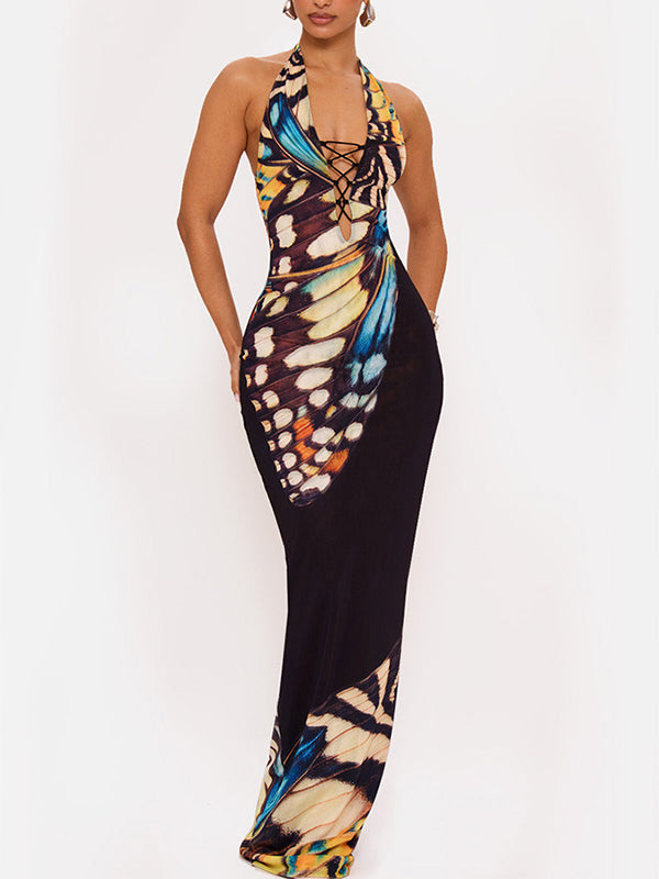 Printed Lace-Up Halter Dress