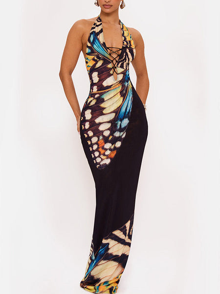 Printed Lace-Up Halter Dress
