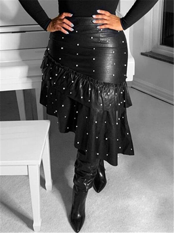 Pearl Studded Ruffle PU Skirt (1447119716397)