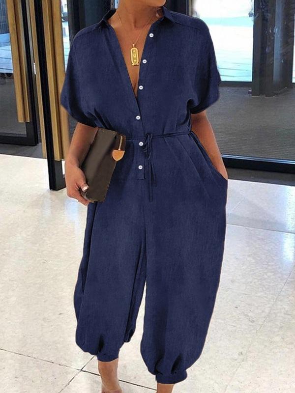 Queenfy Button-Front Belted Denim Jumpsuit