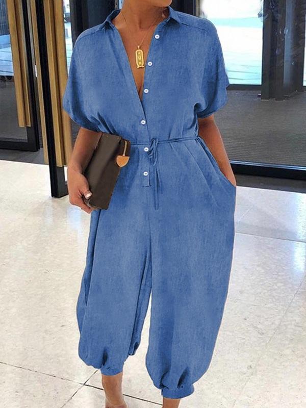 Queenfy Button-Front Belted Denim Jumpsuit