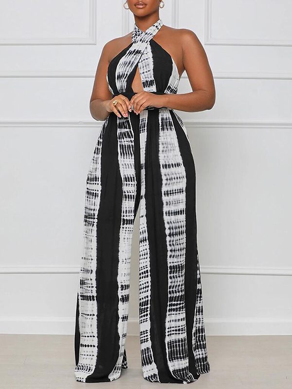 Printed Halter Wide-Leg Jumpsuit - Queenfy