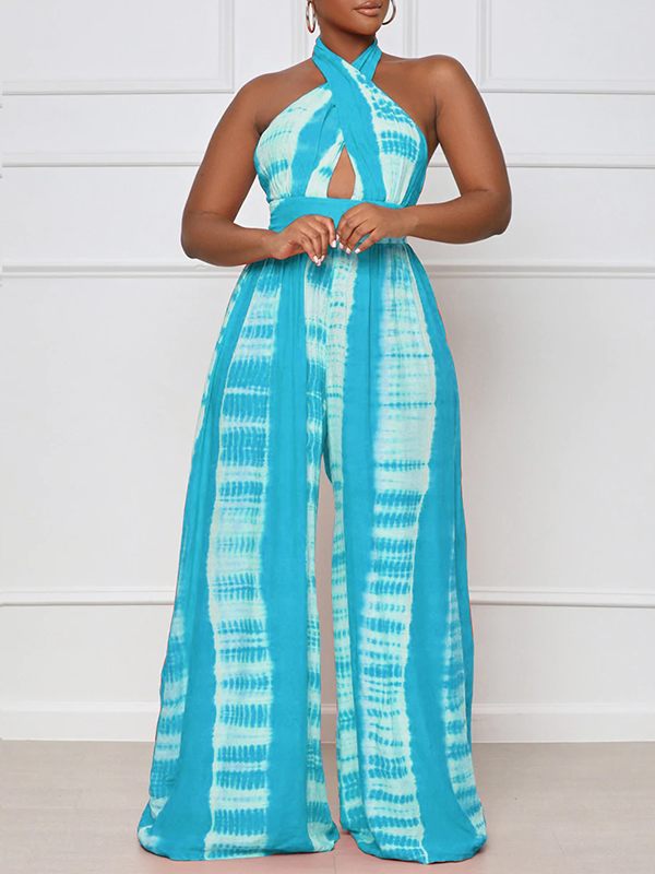 Printed Halter Wide-Leg Jumpsuit - Queenfy