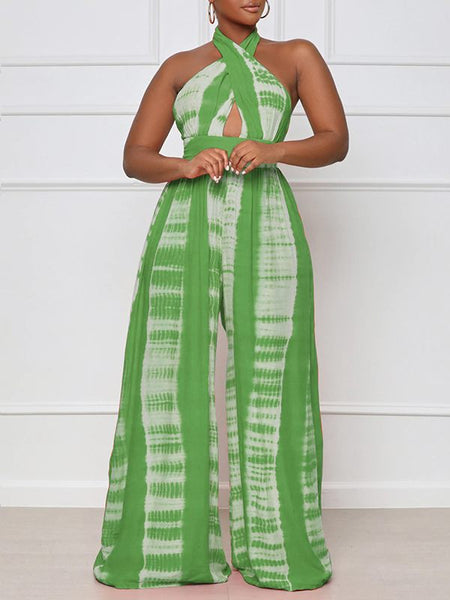 Printed Halter Wide-Leg Jumpsuit - Queenfy