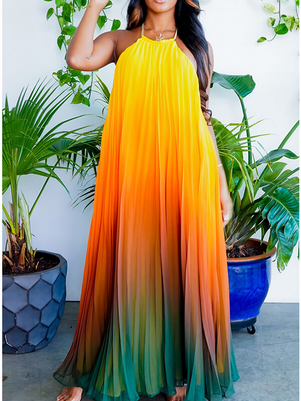 Ombre Pleated Halter Dress